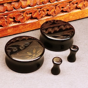 Black Agate Stone Plugs: Double Flare Stretched Ear Gauges (Pair)