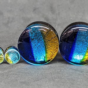Glass Plugs Gauges - Blue and Gold Art Glass Plugs - Double Flare Body Jewelry for Stretched Ears - Natural Organic (Pair)