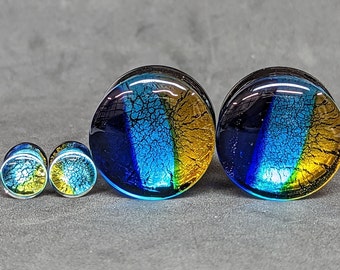 Glass Plugs Gauges - Blue and Gold Art Glass Plugs - Double Flare Body Jewelry for Stretched Ears - Natural Organic (Pair)