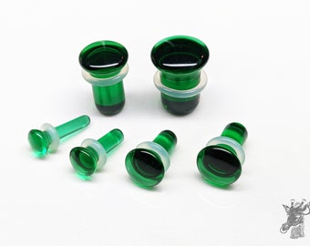 Glass Plugs Gauges - Dark Green/Black Glass Plugs - Single Flare Body Jewelry for Stretched Ears - Natural Organic (Pair)