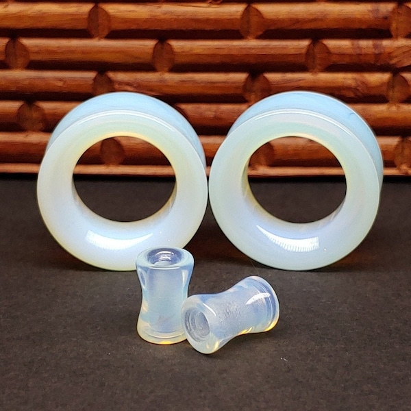 Glass Tunnel Plugs Gauges - Opalite Glass Tunnels - Double Flare Body Jewelry for Stretched Ears - Natural Organic (Pair)