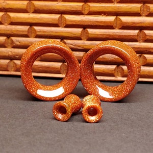 Glass Tunnel Plugs Gauges - Goldstone Glass Tunnels - Double Flare Body Jewelry for Stretched Ears - Natural Organic (Pair)
