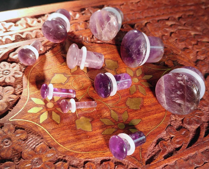 Stone Plugs Gauges Amethyst Stone Plugs Single Flare Body Jewelry for Stretched Ears Natural Organic Pair image 8