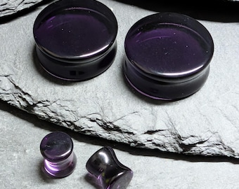 Dark Purple Glass Plugs: Double Flare Stretched Ear Jewelry (Pair)
