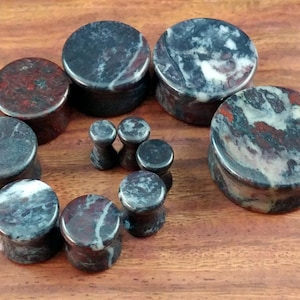 Stone Plugs Gauges - Chicken Blood Stone Plugs - Double Flare Body Jewelry for Stretched Ears - Natural Organic (Pair)