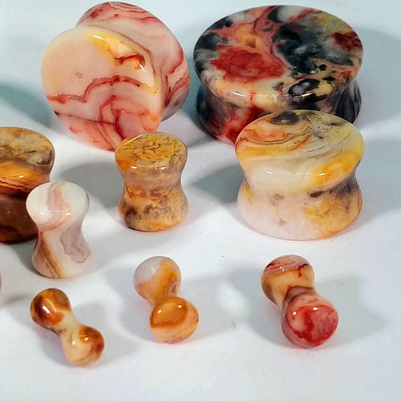 Stone Plugs Gauges Crazy Lace Agate Stone Plugs Double Flare Body Jewelry for Stretched Ears Natural Organic Pair image 6
