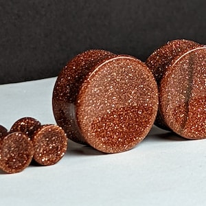 Concave Glass Plugs Gauges - Goldstone Glass Plugs - Double Flare Body Jewelry for Stretched Ears - Natural Organic (Pair)