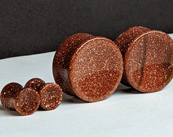 Concave Glass Plugs Gauges - Goldstone Glass Plugs - Double Flare Body Jewelry for Stretched Ears - Natural Organic (Pair)