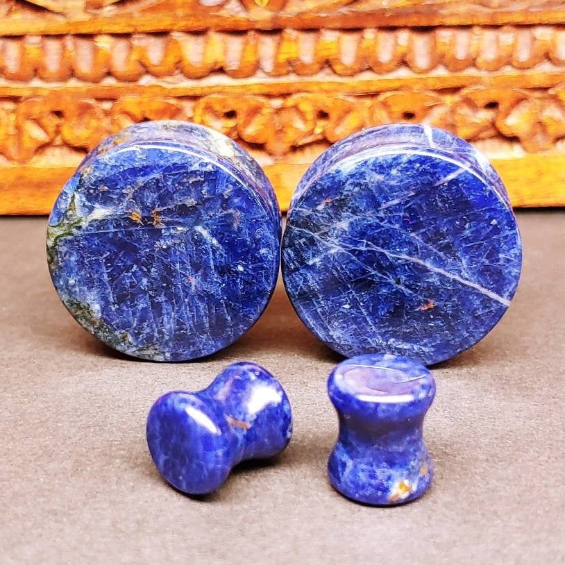 Pair 4g-5/8" Faceted Blue Sodalite Plugs Tunnels Organic Stone Double Gauges 