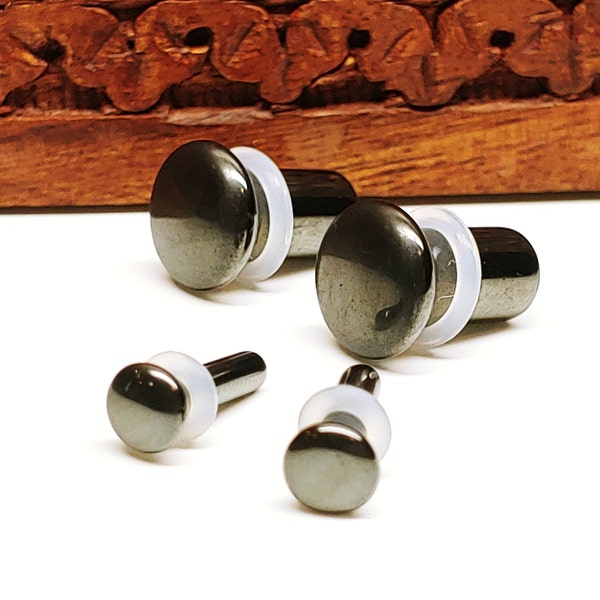 Stone Plugs Gauges - Hematite Stone Plugs - Single Flare Body Jewelry for Stretched Ears - Natural Organic (Pair)