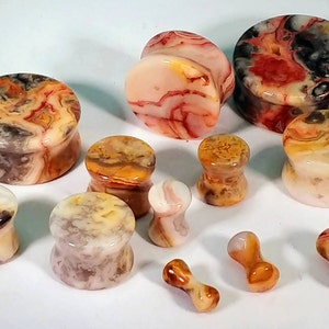 Stone Plugs Gauges - Crazy Lace Agate Stone Plugs - Double Flare Body Jewelry for Stretched Ears - Natural Organic (Pair)