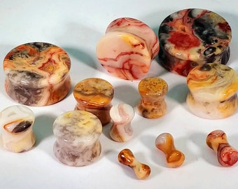 Stone Plugs Gauges - Crazy Lace Agate Stone Plugs - Double Flare Body Jewelry for Stretched Ears - Natural Organic (Pair)