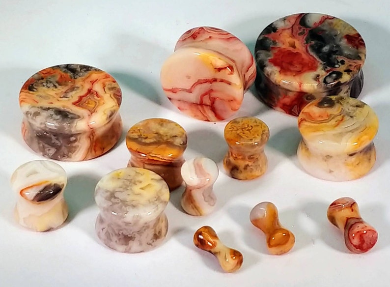 Stone Plugs Gauges - Crazy Lace Agate Stone Plugs - Double Flare Body Jewelry for Stretched Ears - Natural Organic (Pair) 
