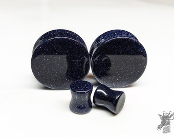 Glass Plugs Gauges -Blue Goldstone Glass Plugs - Double Flare Body Jewelry for Stretched Ears - Natural Organic (Pair)