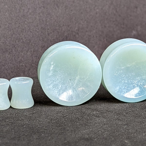 Concave Stone Plugs Gauges - Amazonite Stone Plugs - Double Flare Body Jewelry for Stretched Ears - Natural Organic (Pair)