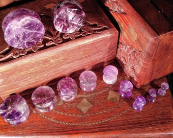 Stone Plugs Gauges - Amethyst Stone Plugs - Double Flare Body Jewelry for Stretched Ears - Natural Organic (Pair)