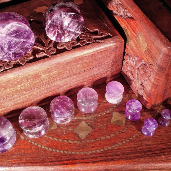 Stone Plugs Gauges - Amethyst Stone Plugs - Double Flare Body Jewelry for Stretched Ears - Natural Organic (Pair)