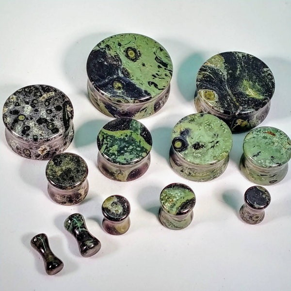 Stone Plugs Gauges - Green Eye Jasper Stone Plugs - Double Flare Body Jewelry for Stretched Ears - Natural Organic (Pair)