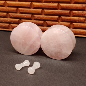 Stone Plugs Gauges - Pink Quartz Stone Plugs - Double Flare Body Jewelry for Stretched Ears - Natural Organic (Pair)