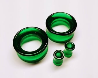 Green Glass Tunnel Plugs: Double Flare Gauges for Stretched Ears (Pair)