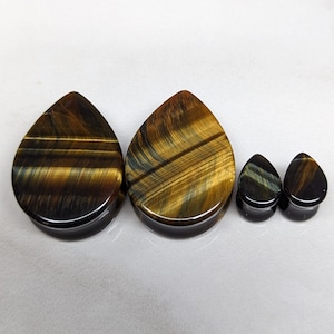 Teardrop Stone Plugs Gauges - Blue Tiger Eye Stone Plugs - Double Flare Body Jewelry for Stretched Ears - Natural Organic (Pair)