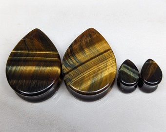 Teardrop Blue Tiger Eye Stone Plugs: Double Flare Gauges (Pair)