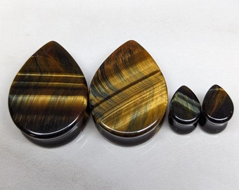 Teardrop Stone Plugs Gauges - Blue Tiger Eye Stone Plugs - Double Flare Body Jewelry for Stretched Ears - Natural Organic (Pair)