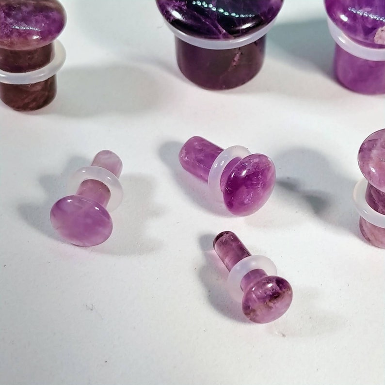 Stone Plugs Gauges Amethyst Stone Plugs Single Flare Body Jewelry for Stretched Ears Natural Organic Pair image 2