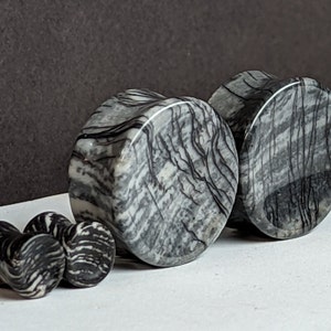 Concave Stone Plugs Gauges - Black Net Jasper Stone Plugs - Double Flare Body Jewelry for Stretched Ears - Natural Organic (Pair)