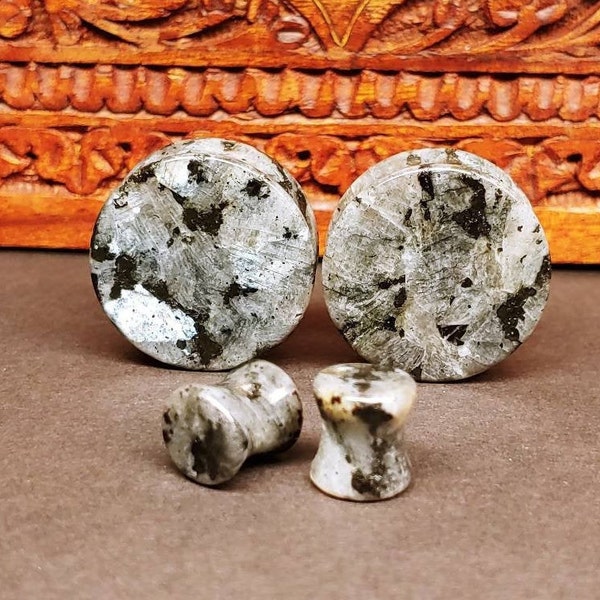 Stone Plugs Gauges - Larvikite Stone Plugs - Double Flare Body Jewelry for Stretched Ears - Natural Organic (Pair)