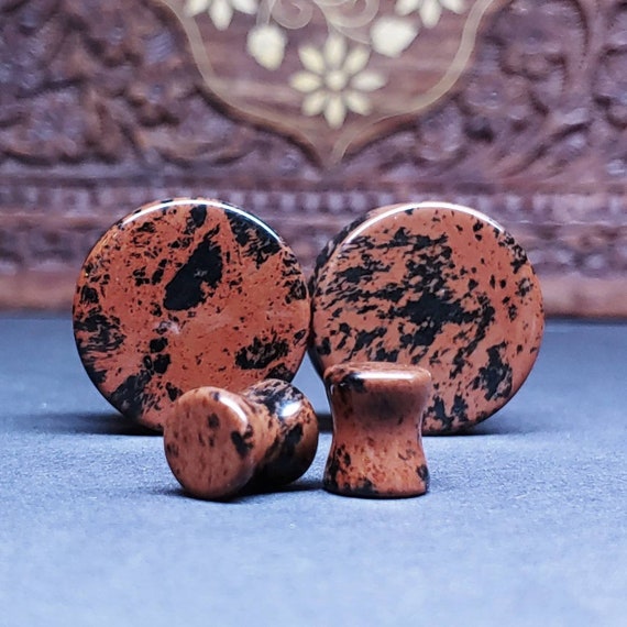 Double Flared Natural Mahogany Obsidian Stone Saddle Ear Plug Double Flared Natural Mahogany Obsidian Stone Saddle Ear Plug