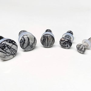 Stone Plugs Gauges - Black Net Jasper Stone Plugs - Single Flare Body Jewelry for Stretched Ears - Natural Organic (Pair)