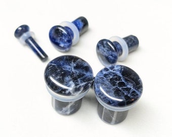 Stone Plugs Gauges - Sodalite Stone Plugs - Single Flare Body Jewelry for Stretched Ears - Natural Organic (Pair)
