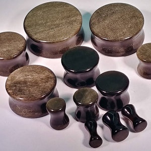 Stone Plugs Gauges - Golden Black Obsidian Stone Plugs - Double Flare Body Jewelry for Stretched Ears - Natural Organic (Pair)