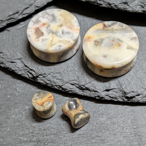 Crazy Lace Agate Stone Plugs: Double Flare Stretched Ear Gauges