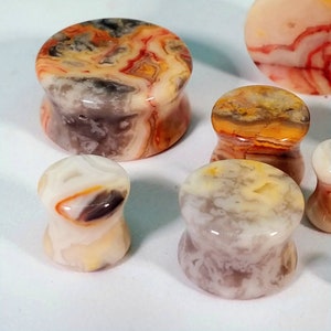 Stone Plugs Gauges Crazy Lace Agate Stone Plugs Double Flare Body Jewelry for Stretched Ears Natural Organic Pair image 2