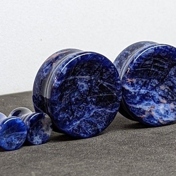 Concave Stone Plugs Gauges - Sodalite Stone Plugs - Double Flare Body Jewelry for Stretched Ears - Natural Organic (Pair)