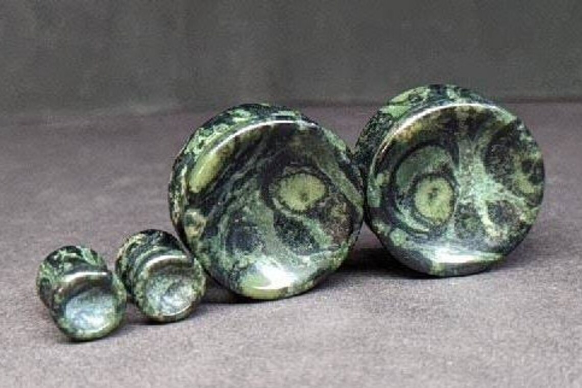 thumbnail image 2 of Plugs For Ears Gauges Green Line Jasper Concave Plugs | Tulsa Body 2 of 9