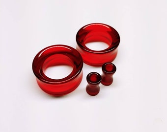 Glass Tunnel Plugs Gauges - Red Glass Tunnels - Double Flare Body Jewelry for Stretched Ears - Natural Organic (Pair)
