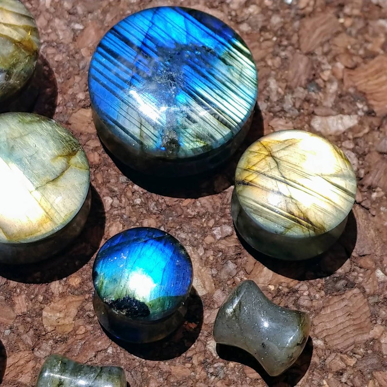 Stone Plugs Gauges Labradorite Stone Plugs Artist Color Choice Double Flare Body Jewelry for Stretched Ears Natural Organic Pair image 3
