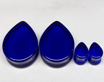 Teardrop Glass Plugs Gauges - Dark Blue/Black Glass Plugs - Double Flare Body Jewelry for Stretched Ears - Natural Organic (Pair)