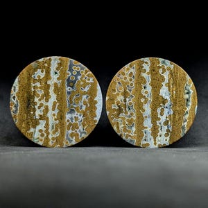 Puede incluir: Dos piedras redondas y pulidas con un patrón único. Las piedras presentan una mezcla de colores, incluyendo marrón, blanco y azul, con un diseño moteado y rayado. Las piedras están sobre un fondo negro.