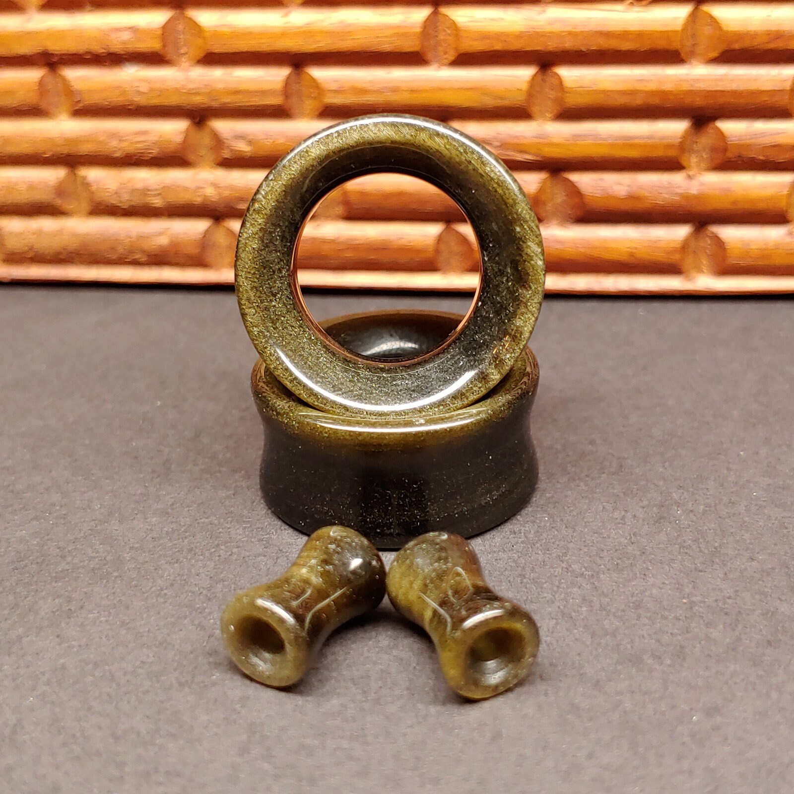 Stone Tunnel Plugs Gauges - Golden Obsidian Stone Tunnels - Double Flare Body Jewelry for Stretched Ears - Natural Organic (Pair)