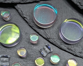 Rainbow Glass Plugs: Double Flare Stretched Ear Gauges (Pair)