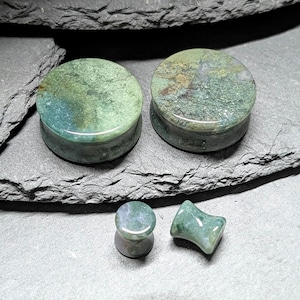Green Moss Agate Stone Plugs: Double Flare, Stretched Ear Jewelry (Pair)