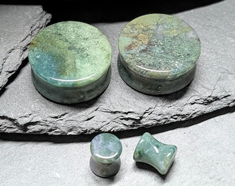 Green Moss Agate Stone Plugs: Double Flare, Stretched Ear Jewelry (Pair)