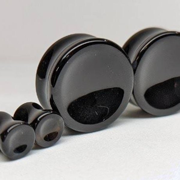 Konkave Stein Plugs - Schwarze Achat Stein Plugs - Double Flare Körperschmuck für gestreckte Ohren - Natur (Paar)