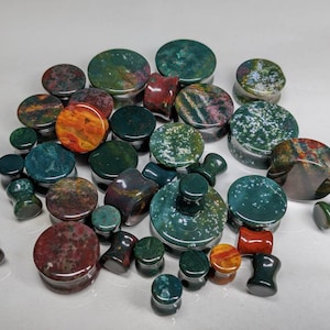 Stone Plugs Gauges - Indian Bloodstone Stone Plugs - Double Flare Body Jewelry for Stretched Ears - Natural Organic (Pair)