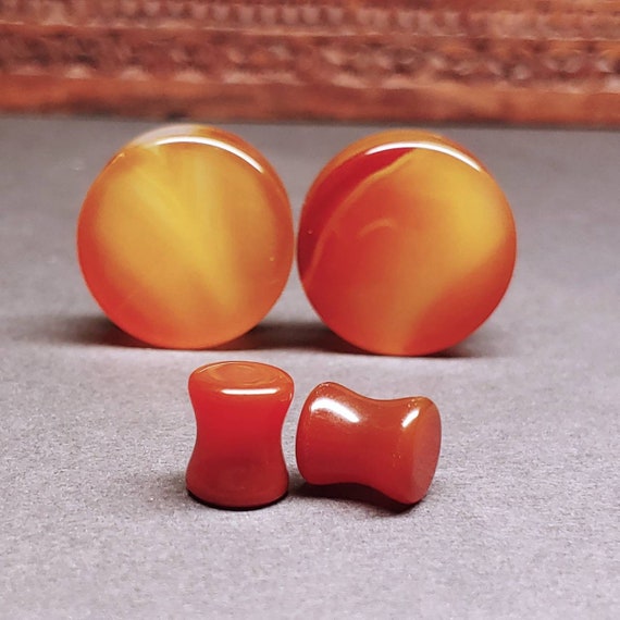 Double Flared Amber Agate Stone Concave Saddle Ear Plug Double Flared Amber Agate Stone Concave Saddle Ear Plug