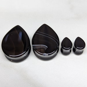 Teardrop Stone Plugs Gauges - Black Agate Stone Plugs - Double Flare Body Jewelry for Stretched Ears - Natural Organic (Pair)